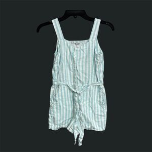 Old Navy | Girls Linen Striped Blue White Button Down Romper Jumpsuit Size L